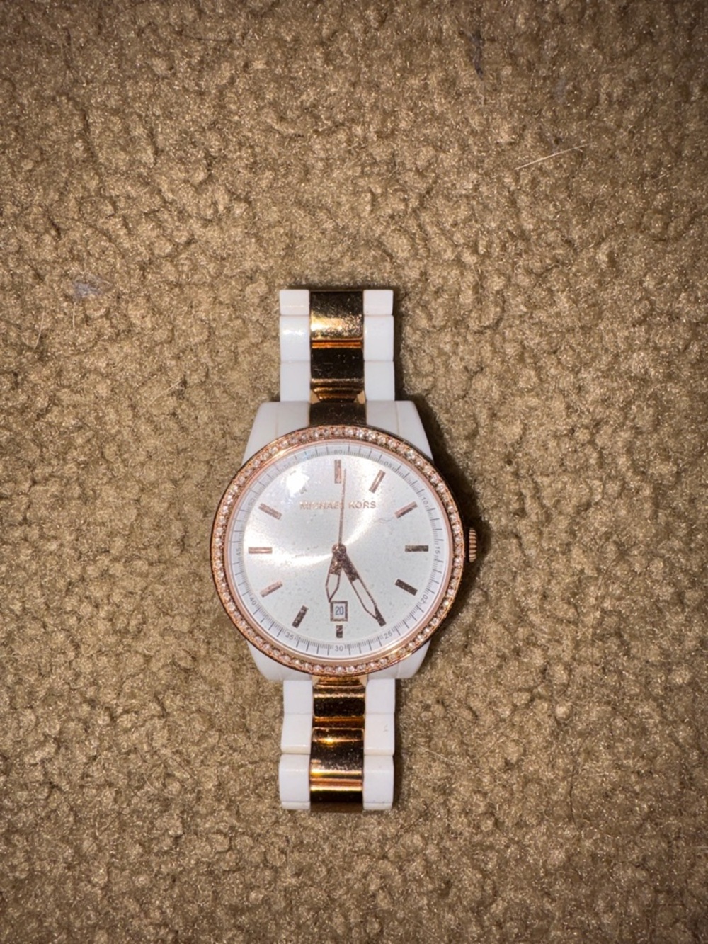 Michael Kors White and Rose Gold Tone Crystal-Accent Watch